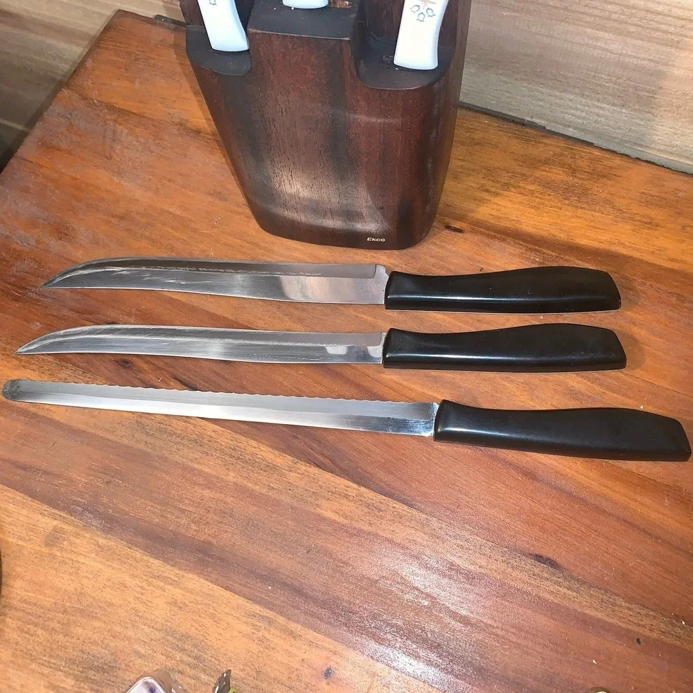 1960s Ekco Vanadium Dutch Tulip 6pc Knife Set W/Wood Wall Hanging USA Rare‎ READ